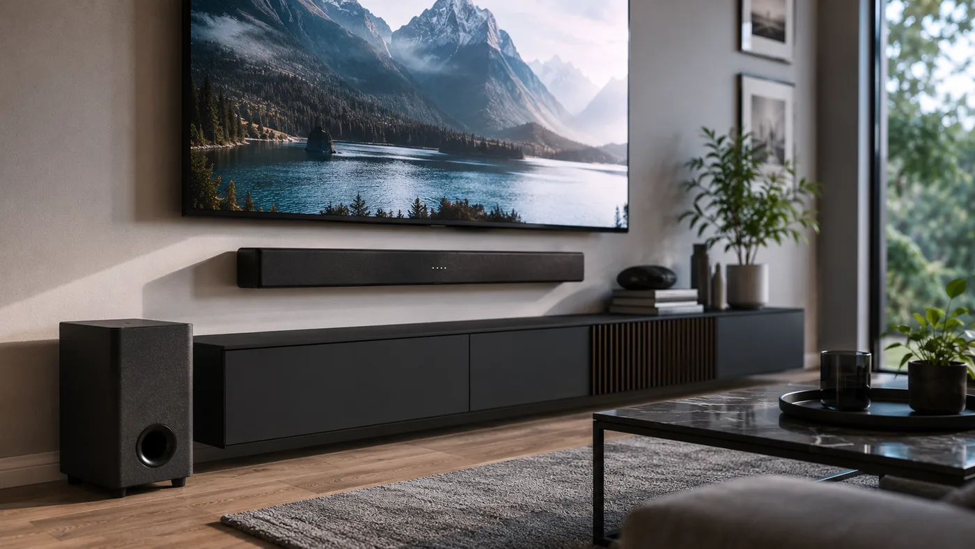 Beschallungssystem Wohnzimmer Wien – Soundbar und Subwoofer unter dem TV installiert von AVplus e.U.