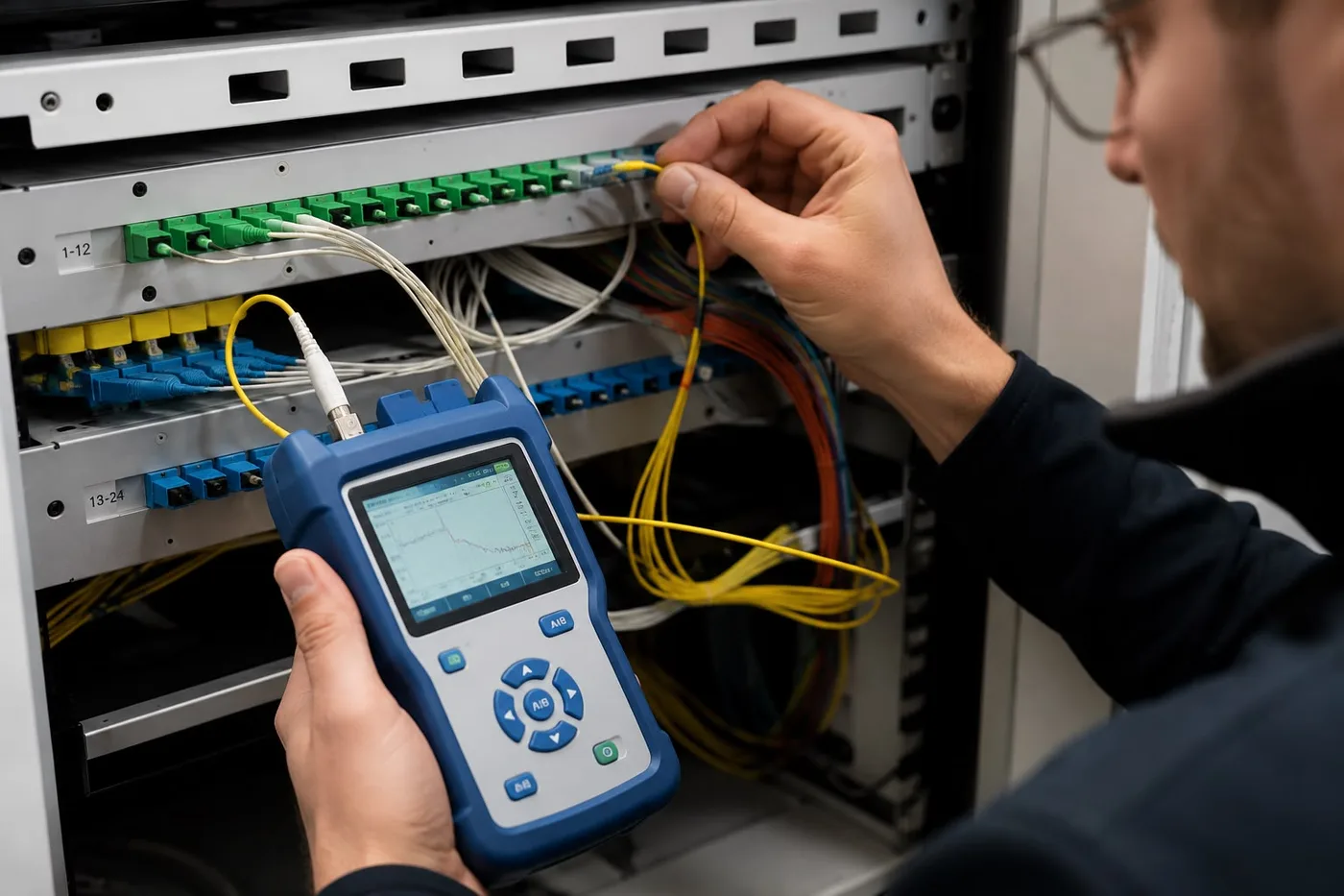 LWL-Messung Wien – OTDR-Messgerät prüft Glasfaser am Patchpanel, Dokumentation von AVplus e.U.