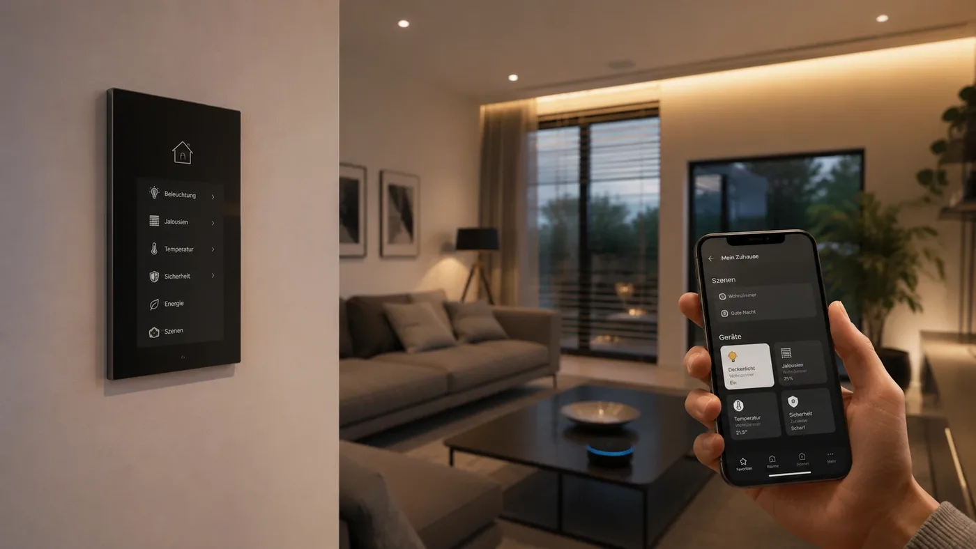 Smart Home Steuerung Wien – Wandpanel und Smartphone-App für Licht, Jalousien und Temperatur von AVplus e.U.