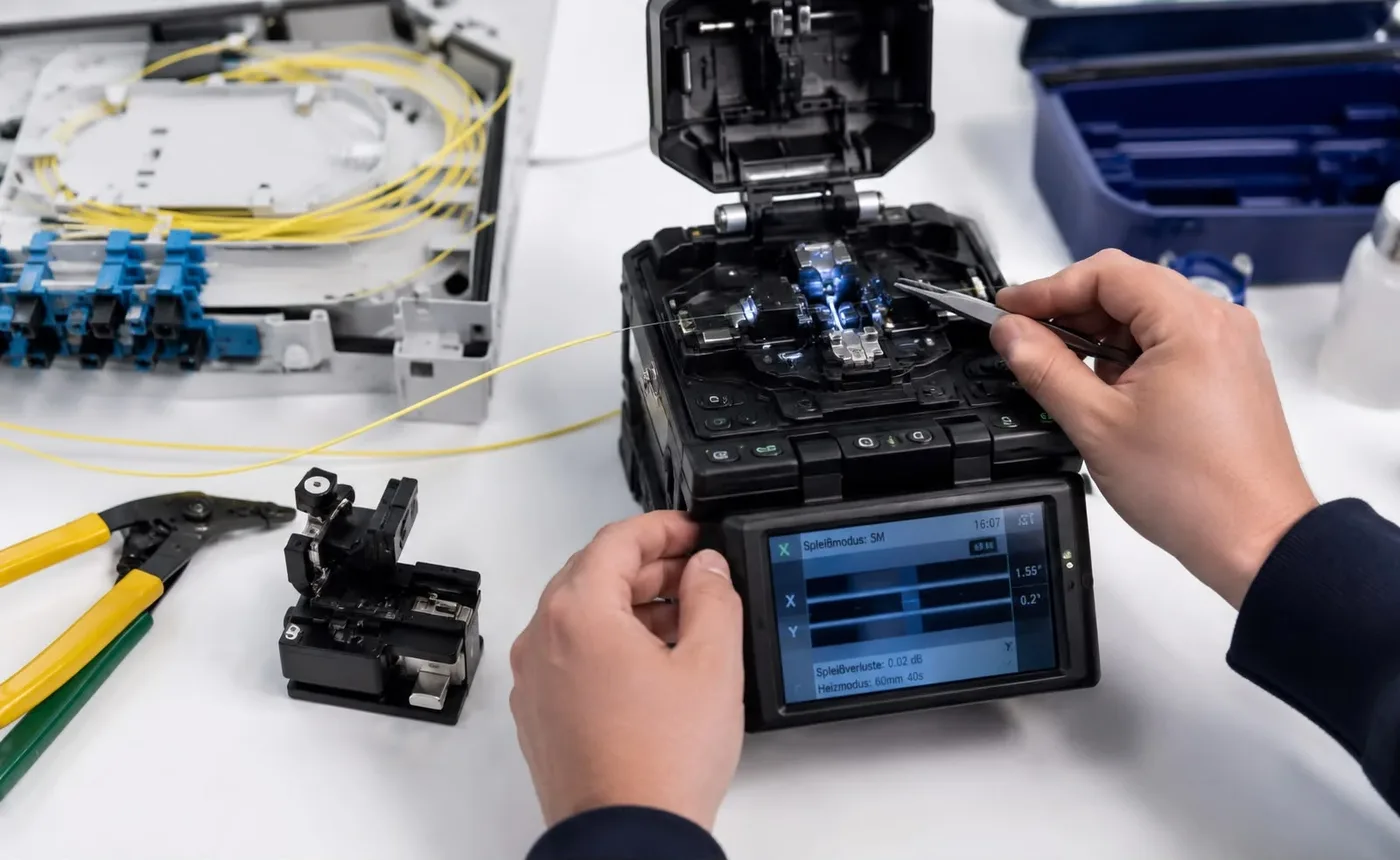 Glasfaser spleißen Wien – Lichtbogenspleißgerät (Fusion Splicing) im Einsatz von AVplus e.U.