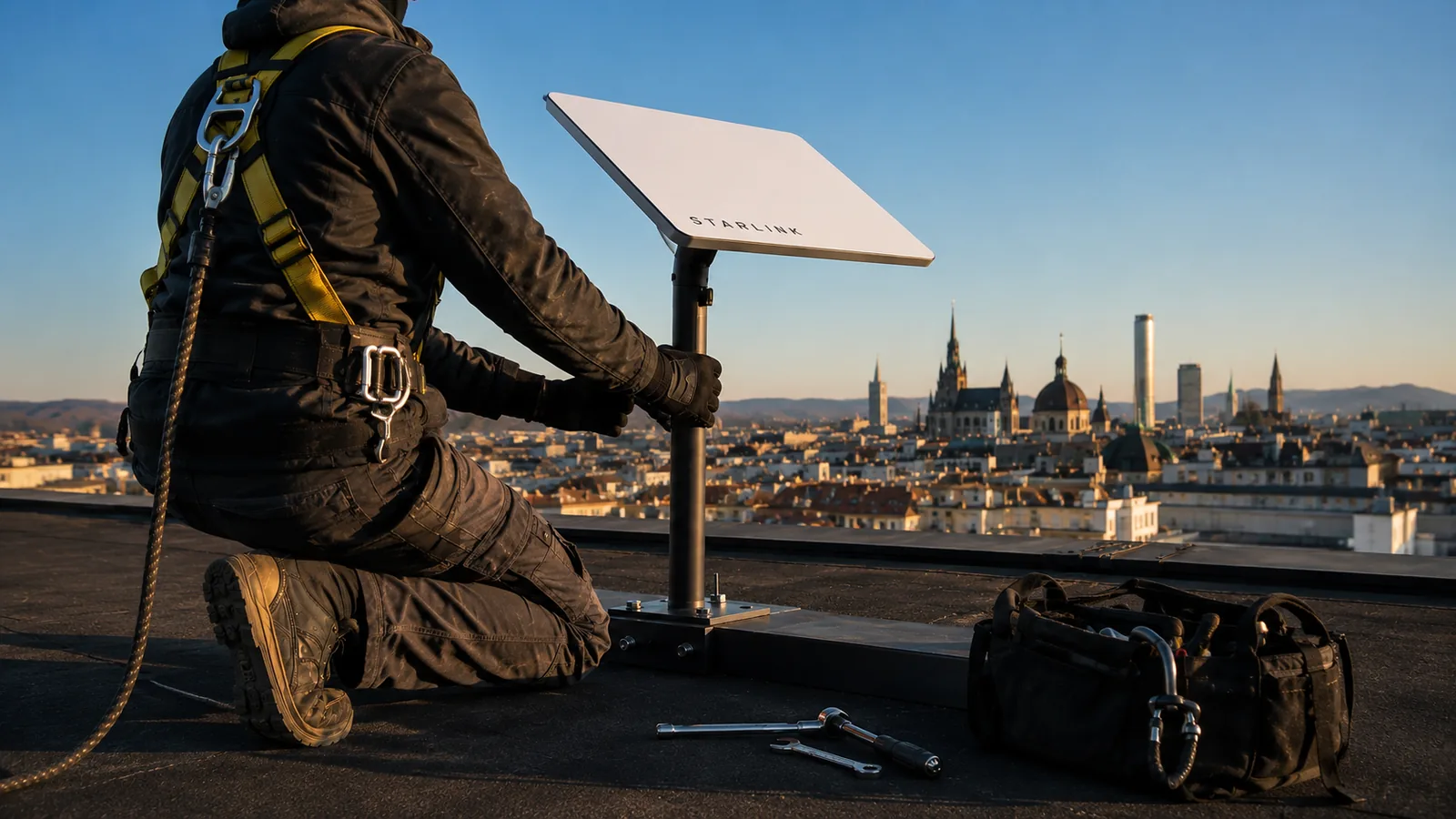 Starlink Montage Wien – Techniker installiert Starlink-Antenne auf Dach mit Wiener Skyline, AVplus e.U.
